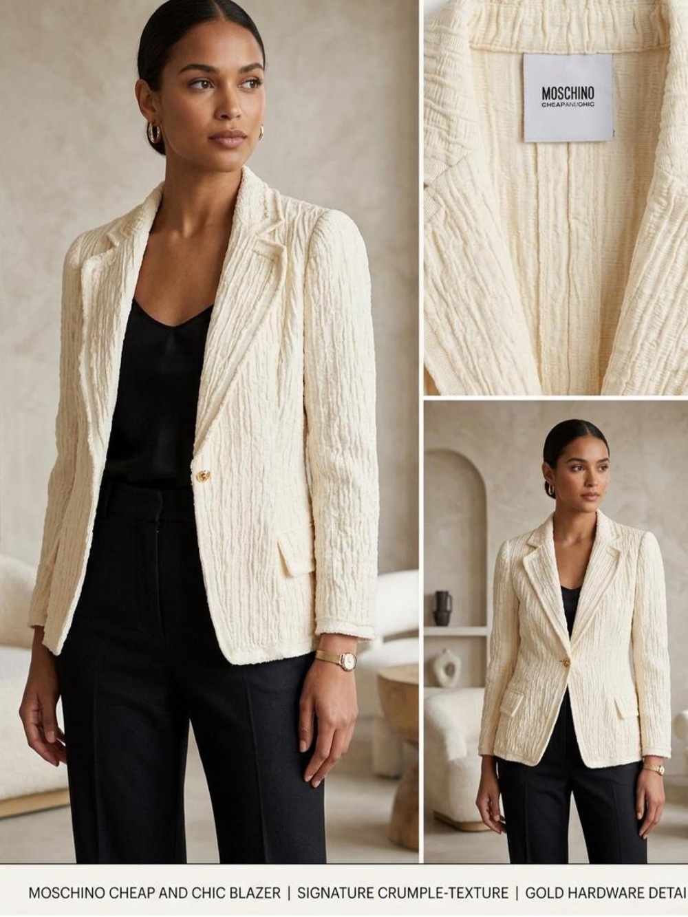 Moschino Cream Crumple-Texture Single-Button Blazer
